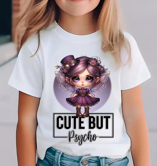 Kids White T-shirt with 'Cute but Psycho' Graphic.